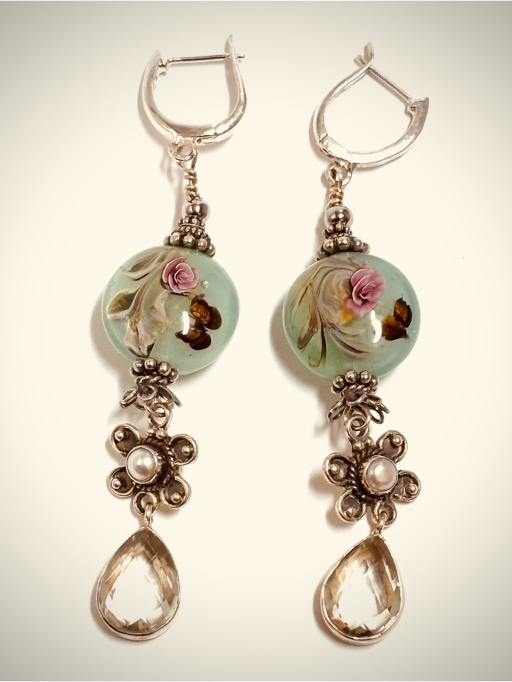 Sterling Silver Lampwork Glass Gemstone Pearl Rose Butterfly Earrings